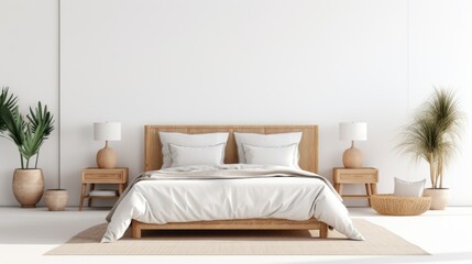 free photo of Front view of a room with a bed and modern wooden night tables mockup - obrazy, fototapety, plakaty