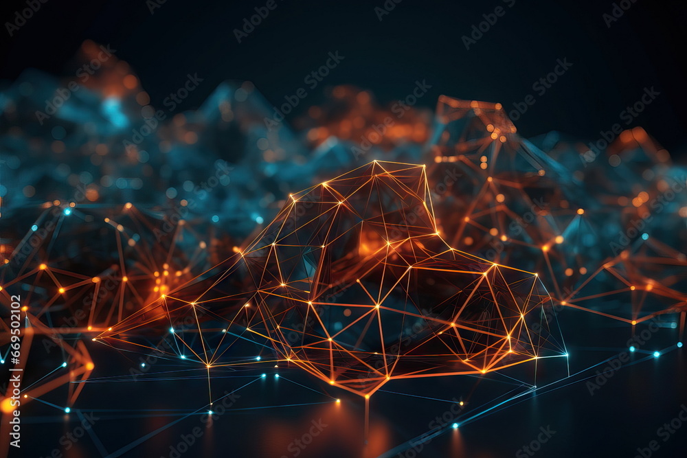 Wall mural background of low-poly structures with interconnected tech nodes