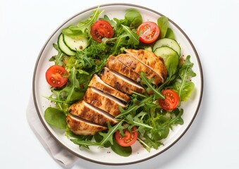 Tasty grilled chicken salad breast, fillet, steak and fresh vegetable, top view, copy space. Healthy keto, ketogenic lunch menu with chicken meat and organic veggies salad and greens.