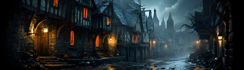 Obraz premium Street Of The Old Town With Wooden Houses. An Atmosphere Of Mystery And Magic. Illustration On The Theme Of Landscapes And Architecture, History And Travel, Comics And Fantasy. Generative AI