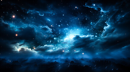 Naklejka premium Dramatic landscape of an unknown planet, with high stone mountains, cosmic clouds, smoke, and fire. Dark blue coloring.