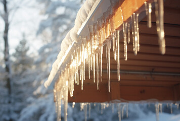 A lot of small icicles hanging from the roof of a house.
