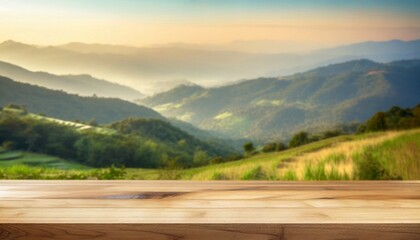 wooden table with a blurry mountain backdrop in the morning or sunset, Warmth in tones of orange or brown