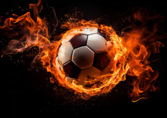 Burning football ball bright flamy symbol abstract on black background 