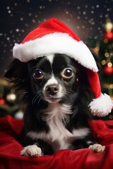 Fototapeta premium Cute puppy wearing santa hat, Generative AI