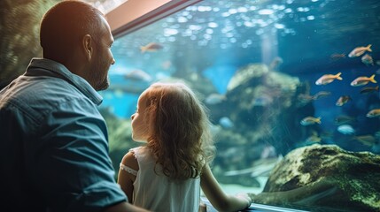 Father with daughter watching sharks in aquarium