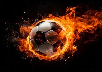 Fototapeta premium Burning football ball bright flamy symbol abstract on black background 