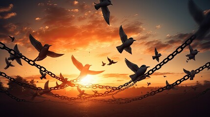 Fototapeta na wymiar Flying birds and broken chains - Freedom birds with nature on sunset background, concept of hope.