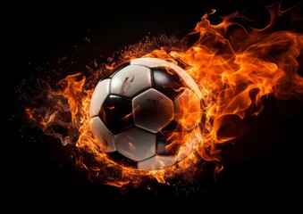 Burning football ball bright flamy symbol abstract on black background 