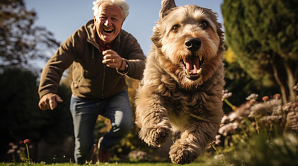 An old man runs after his dog - obrazy, fototapety, plakaty