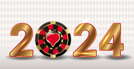 Happy 2024 new year with casino hearts poker chip. vector illustration