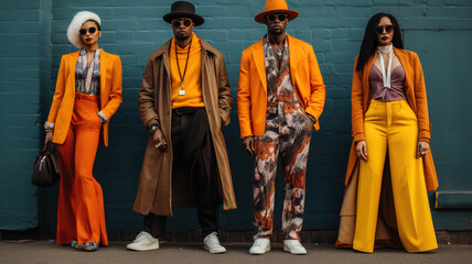 Stylish orange clothed individuals in trendy street fashion, showcasing the diversity and uniqueness of urban culture