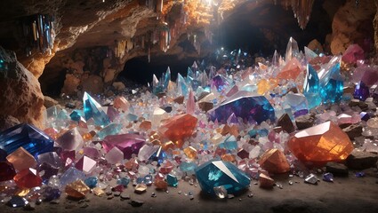 photo of a rock cave with lots of beautiful multicolored crystals  made by AI generative