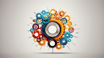 image of multi coloured gear wheels connected together in shape of brain on grey background. - obrazy, fototapety, plakaty
