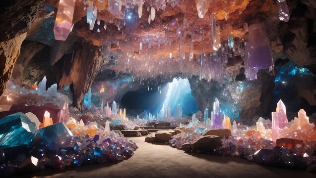 photo of a rock cave with lots of beautiful multicolored crystals  made by AI generative