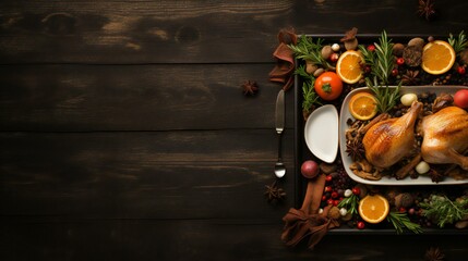 Holiday Table Setting for the festive season, symbolizing a blend of Thanksgiving and Christmas celebrations. The top view decorated table with elements like a succulent turkey, Generative Ai - obrazy, fototapety, plakaty