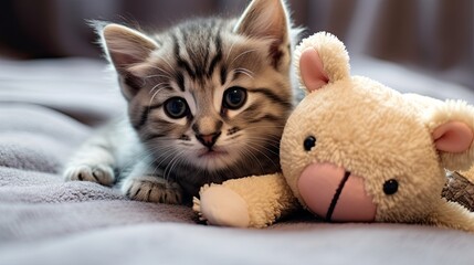Kitten lying on carpet and hugs mouse toy.