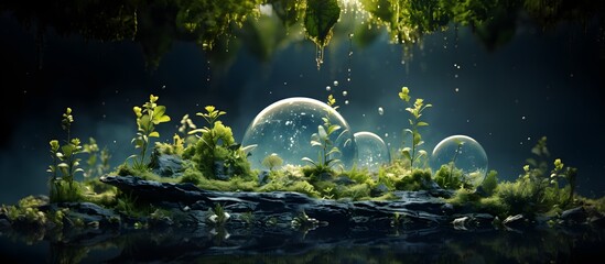 Macrocosm Consisting Of Small Plants And Mosses. Illustration On The Theme Of Ecology And Climate, Nature And Plants. Generative AI