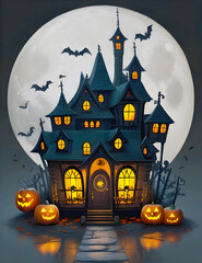 Glowing orange Halloween pumpkin candle background the spookiest day of the year detailed night house moon Ai generated art