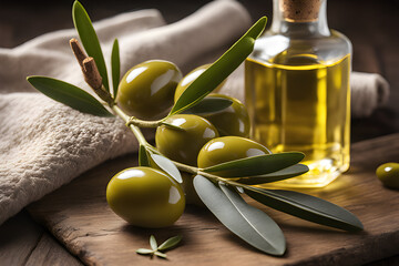 Ramita de olivo con aceitunas sobre una mesa de madera rustica con una botellita de aceite y un paño de cocina - obrazy, fototapety, plakaty