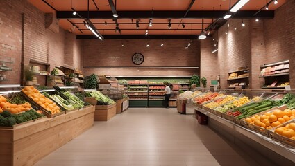 photo of a view of a fruit and vegetable shop with a clean, classic industrial style made by AI generative