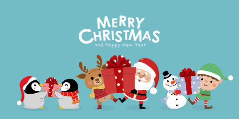 Merry Christmas and happy new year greeting card with cute Santa Claus, little elf, snowman, deer and penguins. Holiday cartoon character in winter season. -Vector