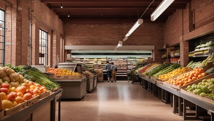 photo of a view of a fruit and vegetable shop with a clean, classic industrial style made by AI generative