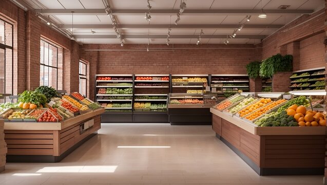 photo of a view of a fruit and vegetable shop with a clean, classic industrial style made by AI generative