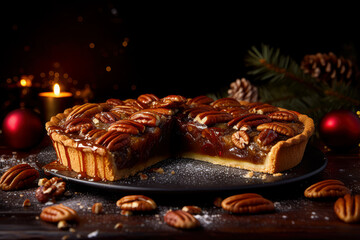 Mouth-Watering Pecan Pie Dessert For Christmas Dinner . Ai Generated

