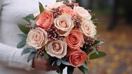 Photo of a beautiful bouquet of roses and oak leaves in brides hand.A romantic bouquet of roses with decoration on the table