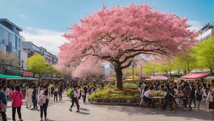 photo of a view of the city market activities during the day with an urban background with lots of trees made by AI generative