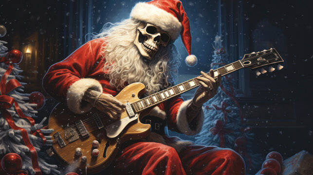 Santa Claus devil plays guitar in xmas interior
