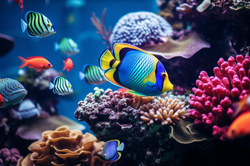Beautiful sea life under the sea with colorful of coral, fishes, animals, shells - obrazy, fototapety, plakaty