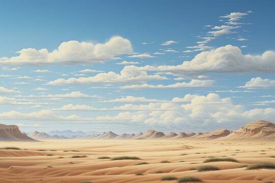 Artwork depicting a vast, solitary arid landscape with sand dunes and an expansive sky. Generative AI