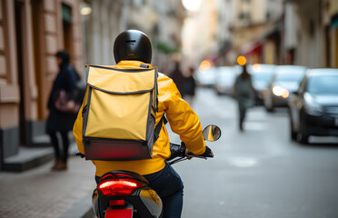 Food delivery man carrying parcel box by motorcycle.