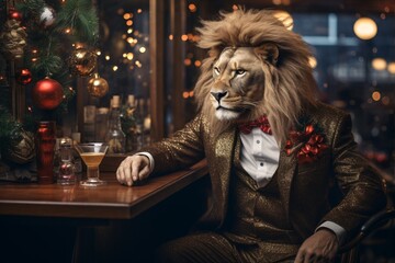 Fototapeta na wymiar Portrait of a lion in a bar. The concept of the New Year and Christmas.