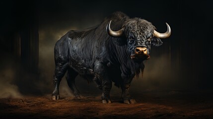 Black buffalo with big horns.