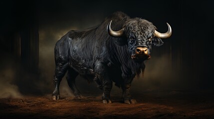 Obraz premium Black buffalo with big horns.
