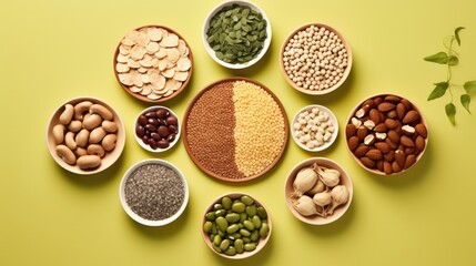 Fototapeta na wymiar Various kinds of vegan protein sources on beige background. Set of food supplements. Gluten free cereals as ground hemp seeds. Nuts and legumes (green mung beans, , kidney bean, almonds, sunflower see