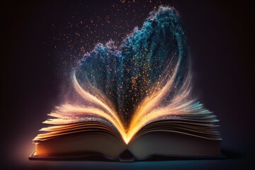 Open book with magical dust floating over it. Magical book, wisdom, fairytale