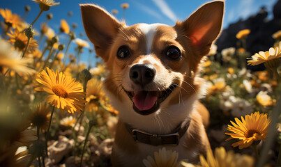 Chihuahua dog surrounded by a field of flowers, happy dog - Generative AI