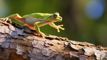 Obraz premium Western Green Tree Frog Leaping from Tree Trunk