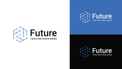 modern initial letter F with hexagon digital dots for network and technology digital logo design.