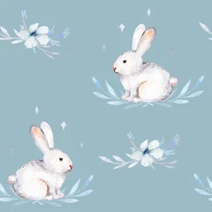 Fotobehang Cute baby rabbit animal seamless pattern, forest illustration for children clothing. Woodland watercolor Hand drawn boho image for cases design, nursery poster © kris_art