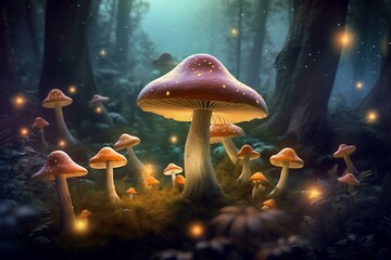 Illustration of enchanted mushrooms in forest, evoking fairytales, mysticism, and hallucinogens. Generative AI - obrazy, fototapety, plakaty