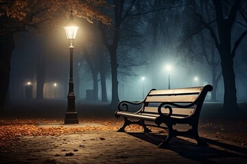 Fototapeta na wymiar A bench in the center of a park on a misty evening, with a distant lamppost and trees in the backdrop. Generative AI