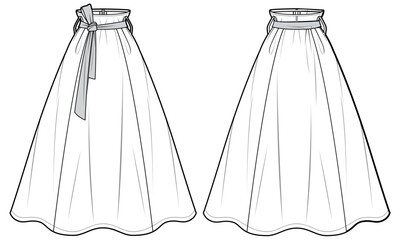 Women's belted flared full Skirt flat sketch vector illustration with front and back view, long Full length skirt for casual wear fashion technical drawing vector template mock up