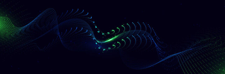 Blue and Green abstract digital dynamic wavy glowing dot line banner background. Network or connection. Modern futuristic hi-technology concept. Vector illustration