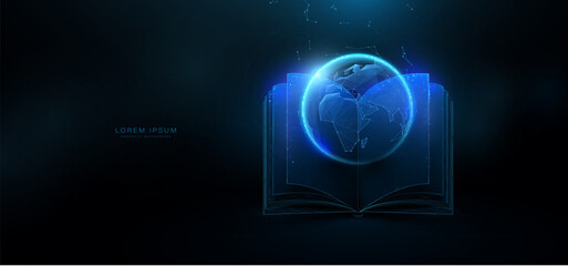 Open book and  Earth on top. Education. Wireframe, Low polygon, lines, Starry, and style design. Illustration vector