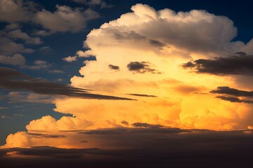 夕焼けの金色の雲、オレンジがかった薄暗い空に輝く入道雲